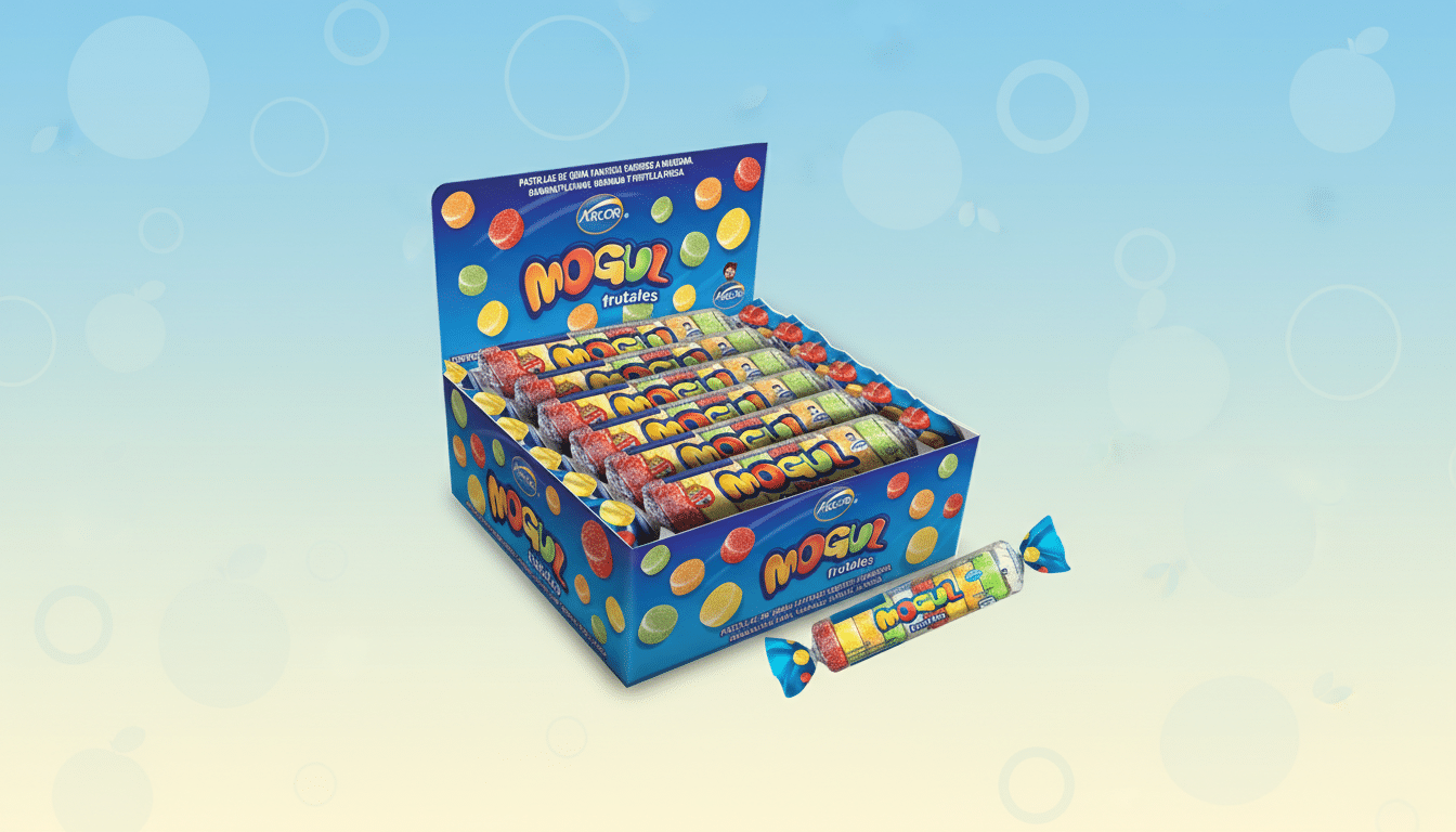 A box of Mogul Frutales candy with a single candy roll unwrapped, set against a professional flat design background with soft blue and yellow gradients and subtle circular patterns.