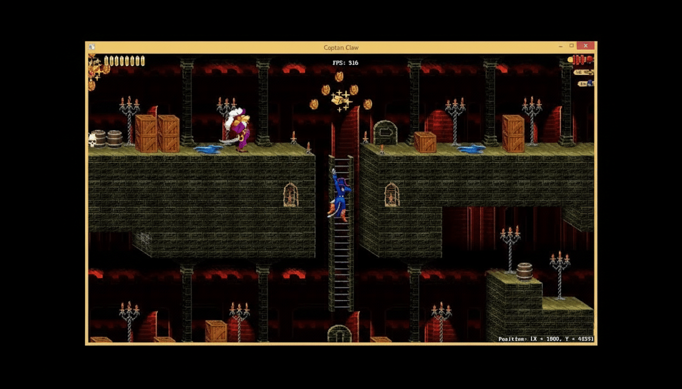 A screenshot from the video game Captain Claw showing the main character, a bipedal cat pirate, climbing a ladder in a dark, castle-like level with another character on a platform above.