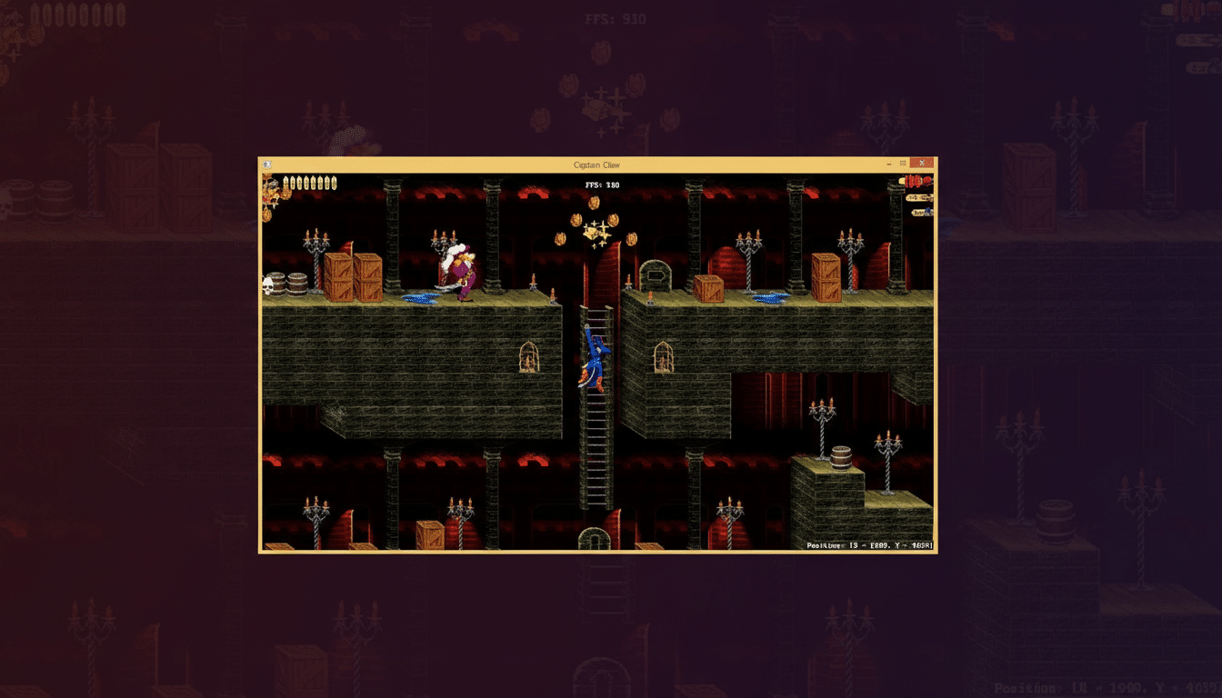 A screenshot of the video game Captain Claw displayed within a window, set against a dark, subtly patterned background. The game shows a pirate character climbing a ladder in a castle-like environment with multiple levels, barrels, and crates.