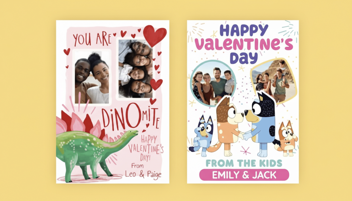 Two Valentines Day cards are displayed side-by-side on a light yellow background. The card on the left features a green dinosaur illustration, the text YOU ARE DINO MITE, and two photo frames with smiling people. The card on the right has HAPPY VALENTINES DAY at the top, illustrations of characters from the show Bluey, and two photo frames with families. Below the Bluey characters, it says FROM THE KIDS EMILY & JACK.