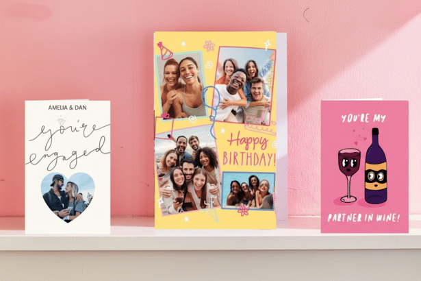 Three greeting cards are displayed on a white shelf against a pink wall. The card on the left is white with black text that reads AMELIA & DAN youre engaged and features a heart-shaped photo of a couple. The middle card is yellow with Happy Birthday! written on it and a collage of smiling people. The card on the right is pink with a cartoon wine bottle and glass, and the text YOURE MY PARTNER IN WINE!.