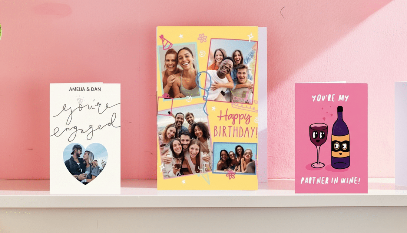 Three greeting cards are displayed on a white shelf against a pink wall. The card on the left is white with black text that reads AMELIA & DAN youre engaged and features a heart-shaped photo of a couple. The middle card is yellow with Happy Birthday! written on it and a collage of smiling people. The card on the right is pink with a cartoon wine bottle and glass, and the text YOURE MY PARTNER IN WINE!.