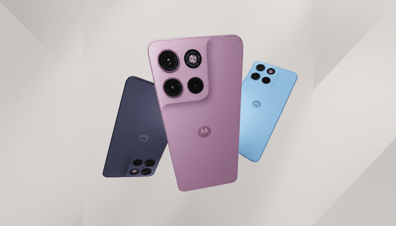 Three Motorola smartphones in purple, dark blue, and light blue, presented at a 16:9 aspect ratio with a professional, clean background.