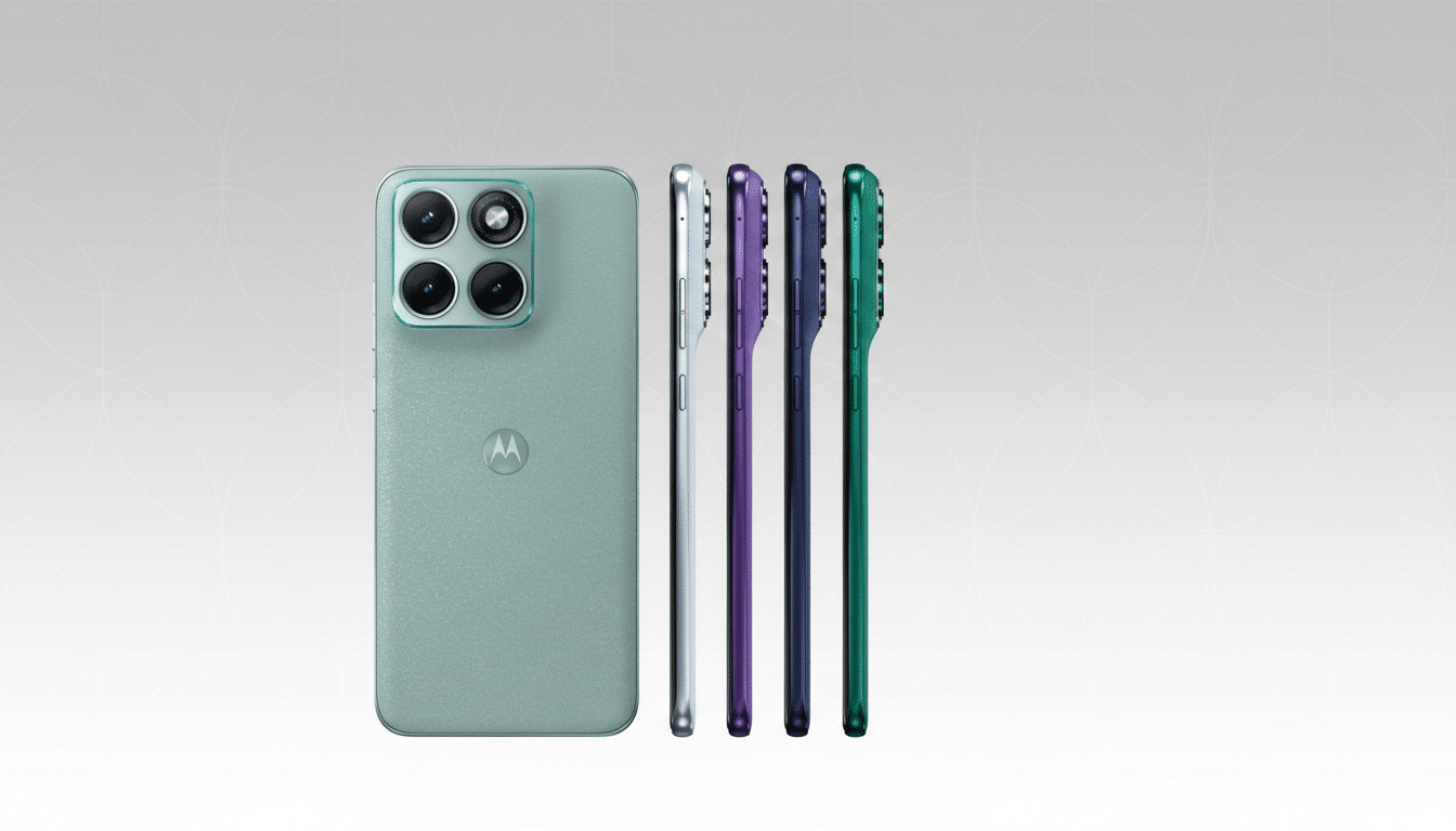 A light green Motorola smartphone is shown from the back, next to four other Motorola smartphones in silver, purple, dark blue, and dark green, all viewed from the side. The background is a professional flat design with soft patterns and gradients.