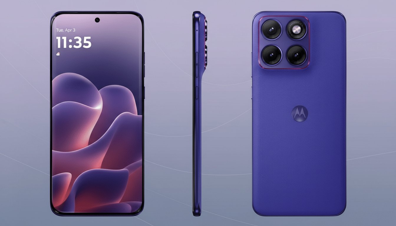 A purple Motorola smartphone displayed from three angles: front, side, and back, against a professional flat design background with soft purple gradients and subtle patterns.