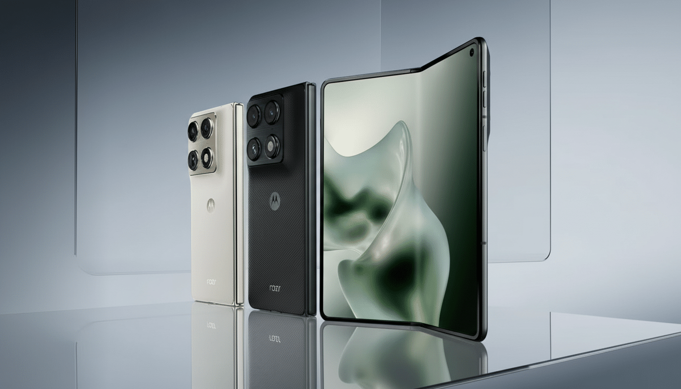 Three Motorola Razr phones, one white, one black, and one unfolded, are displayed on a reflective surface against a gray background.