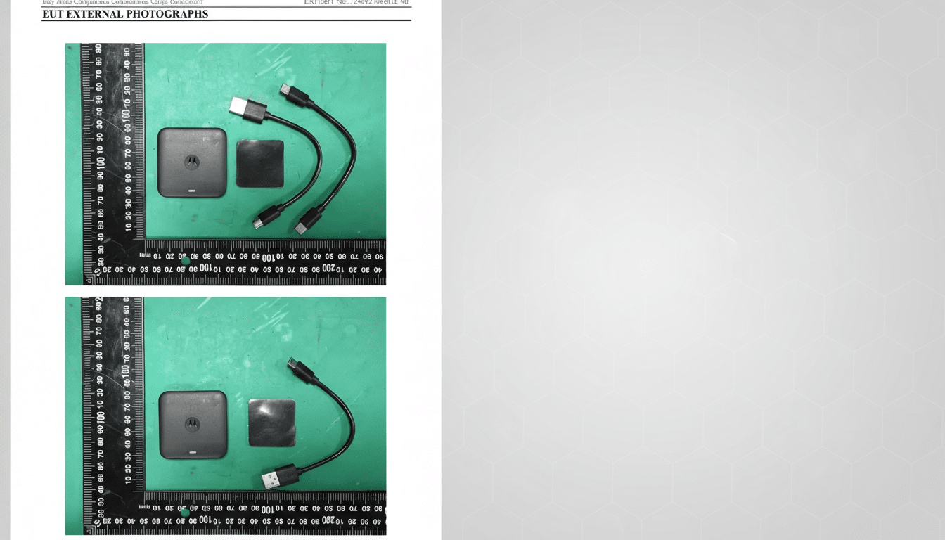 A 16:9 aspect ratio image featuring a black square device with a Motorola logo, a smaller black square, and two black USB-C cables, all professionally presented against a subtle geometric pattern background.