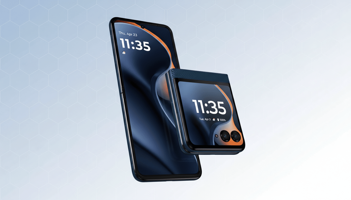 A sleek, dark blue smartphone and a matching foldable phone are displayed against a light blue background with a subtle hexagonal pattern. The smartphone is upright, showing a dark blue and orange wallpaper with the time 11:35 and the date Thu, Apr 23. The foldable phone is partially open, angled to the right, also displaying 11:35 and Tue, Apr 3 with a battery icon showing 100%.