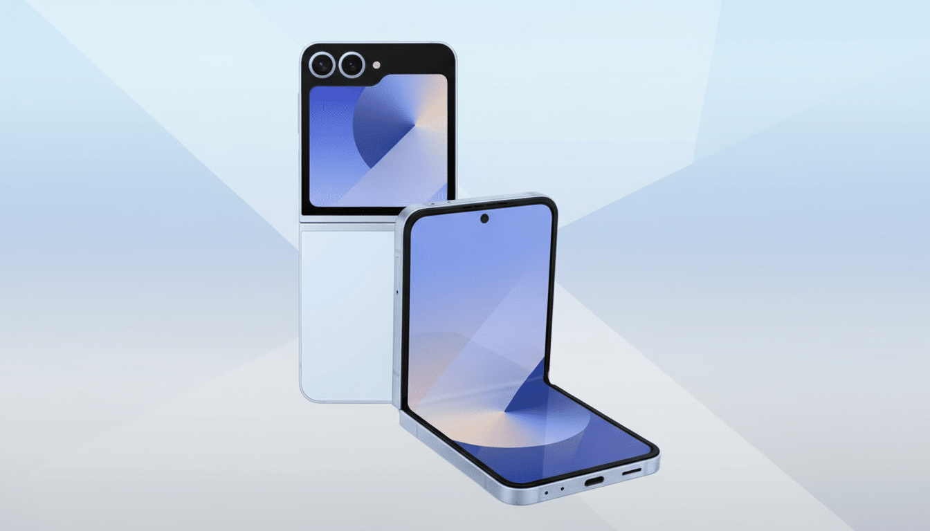 A light blue foldable smartphone, partially folded, with another identical phone in the background, set against a professional flat design background with soft patterns and gradients.