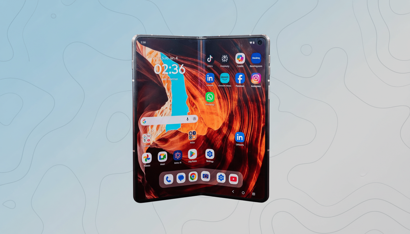 A foldable smartphone displaying a vibrant wallpaper and various app icons, set against a professional flat design background with soft patterns.