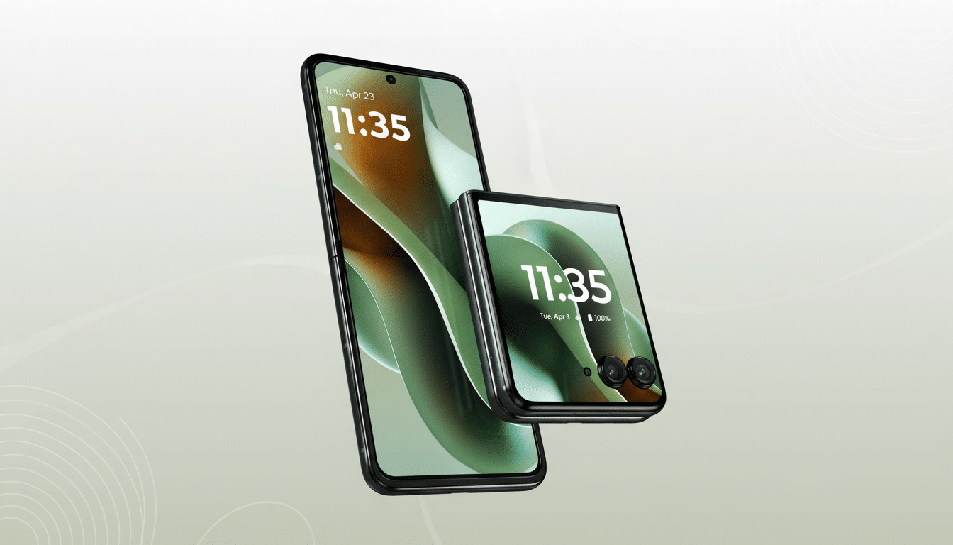 A 16:9 aspect ratio image featuring two smartphones, one upright and one folded, against a professional flat design background with soft patterns and gradients.