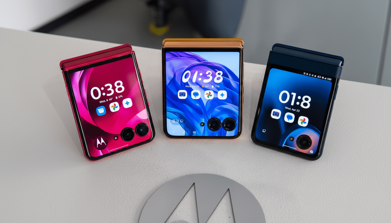 Three Motorola Razr phones in red, gold, and blue, displayed on a white surface with a Motorola logo in the foreground.