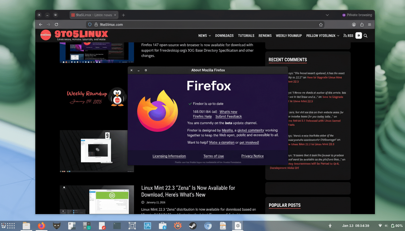 A screenshot of the 9to5Linux website with a pop-up window showing About Mozilla Firefox in the center. The Firefox logo is prominent, and the text indicates that Firefox is up to date. The background shows a desktop with a taskbar at the bottom.