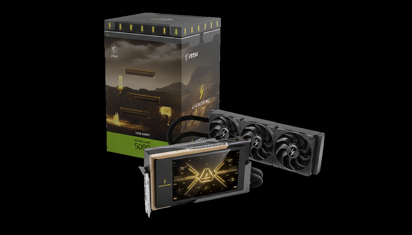 A black MSI graphics card with a liquid cooling system and its packaging, set against a black background.