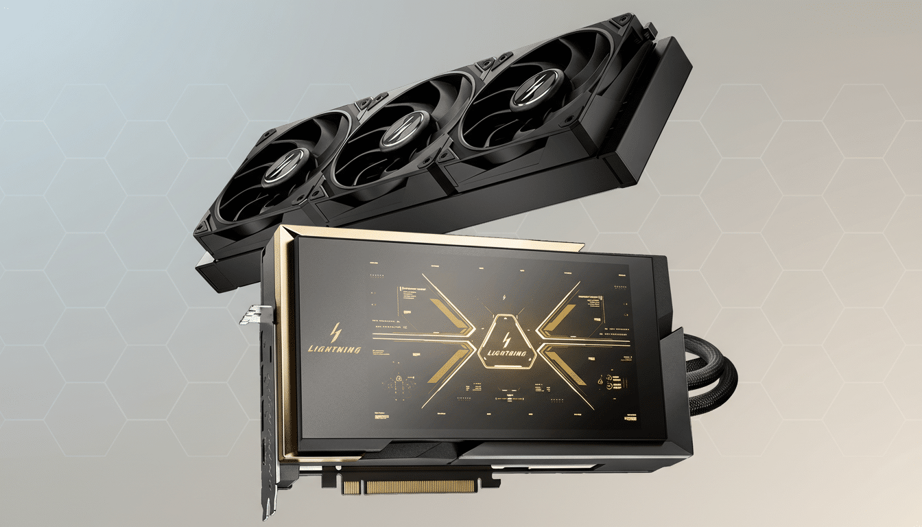 A professional image of a black and gold graphics card with a triple-fan cooling system, set against a subtle grey gradient background with a hexagonal pattern.