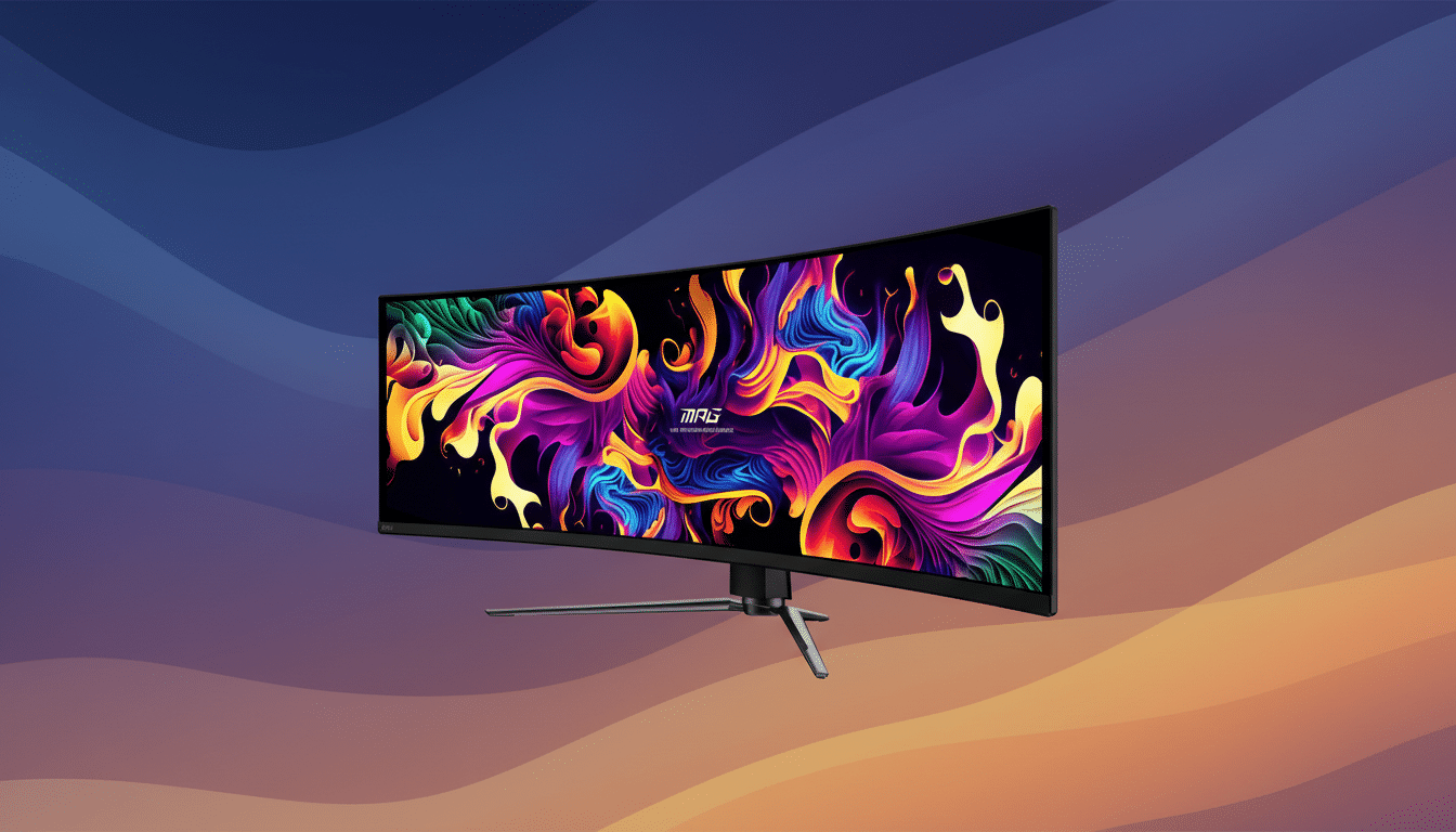 A curved gaming monitor with a colorful abstract wallpaper, set against a professional flat design background with soft, wavy blue and orange gradients.