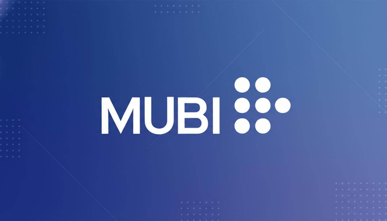 The MUBI logo, featuring the word MUBI in white capital letters followed by a stylized arrow made of white dots, set against a professional blue background with subtle geometric patterns and a soft gradient.