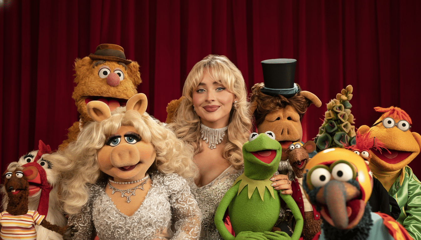 A woman with blonde hair and a sparkling necklace stands among several Muppet characters, including Miss Piggy, Kermit the Frog, Fozzie Bear, and Gonzo, against a red curtain background.