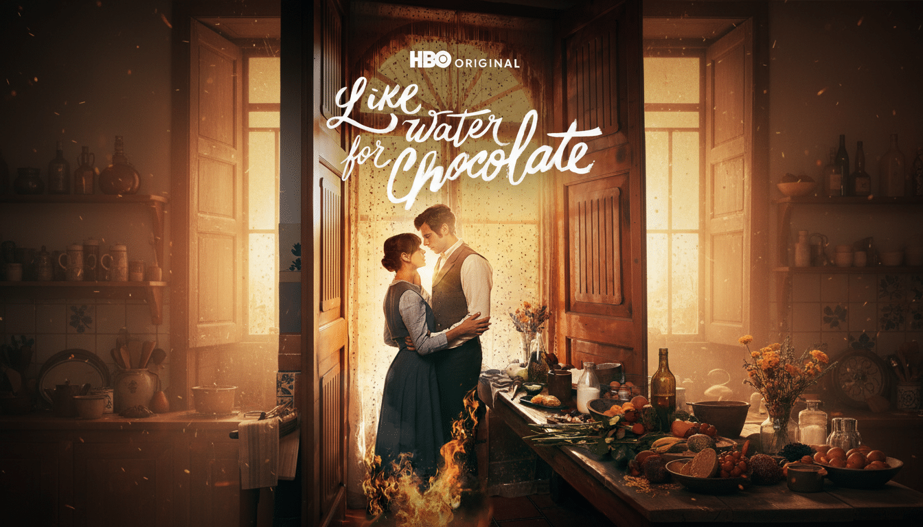 A movie poster for Like Water for Chocolate in a 16:9 aspect ratio, featuring a man and a woman embracing in a kitchen with warm, glowing light and flames around their feet. The HBO Original logo is at the top.