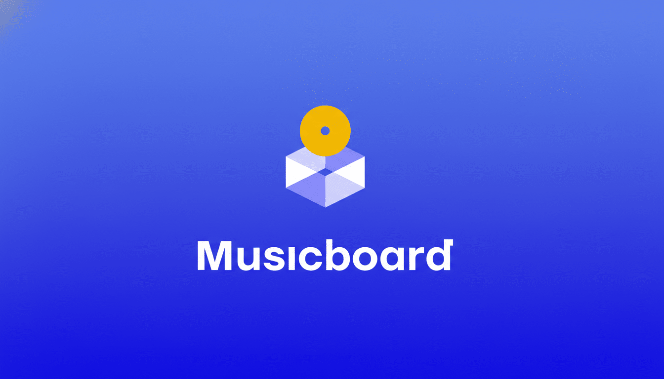 The Musicboard logo, featuring a yellow disc above a white geometric box, set against a blue background with a subtle gradient.