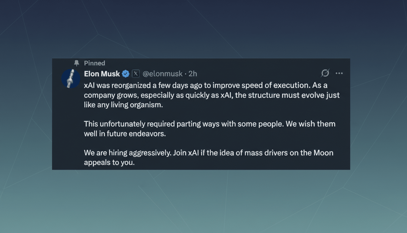 A screenshot of an Elon Musk tweet announcing xAIs reorganization, stating that the company parted ways with some people and is now hiring aggressively. The tweet is set against a professional flat design background with soft patterns.