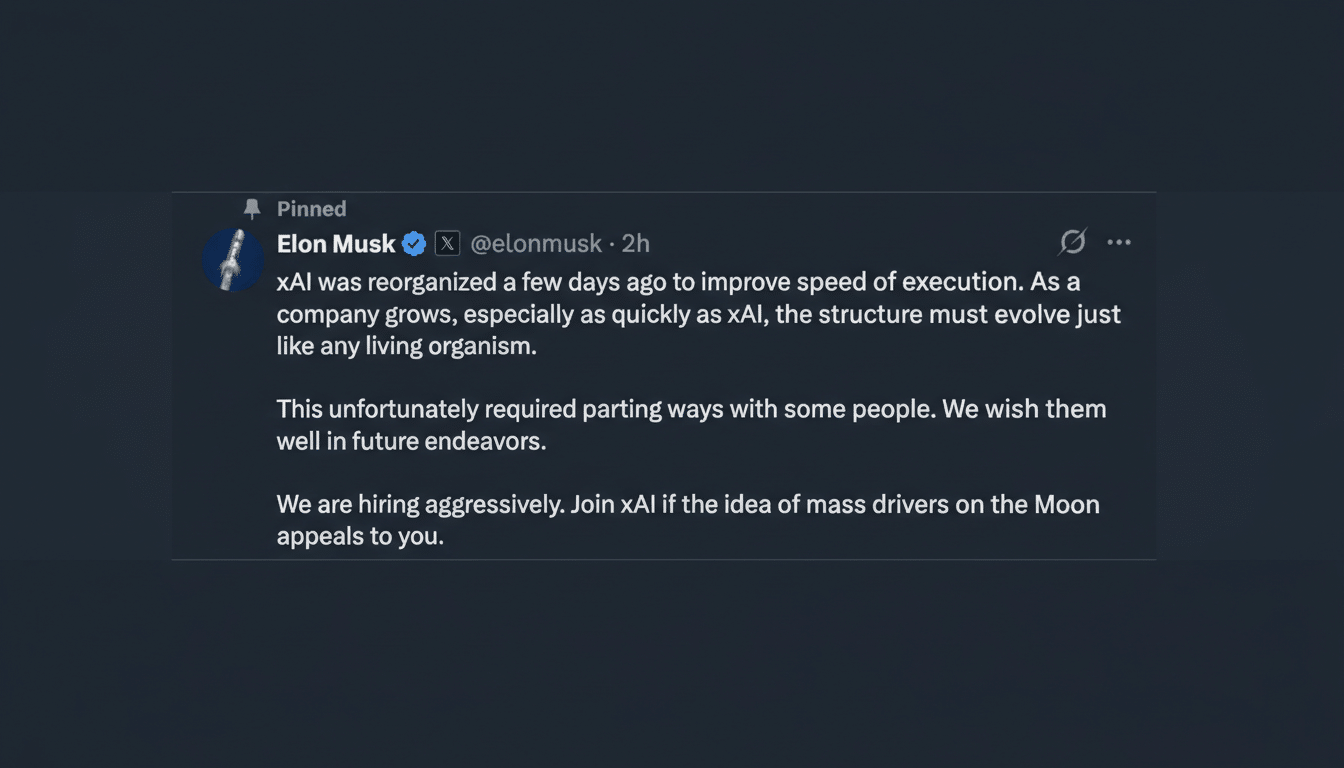 A screenshot of an Elon Musk tweet about xAI reorganization, resized to a 16:9 aspect ratio with a dark gray background.