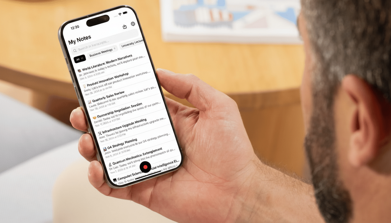 A person holding a smartphone displaying a My Notes app with a list of transcribed meetings and lectures.