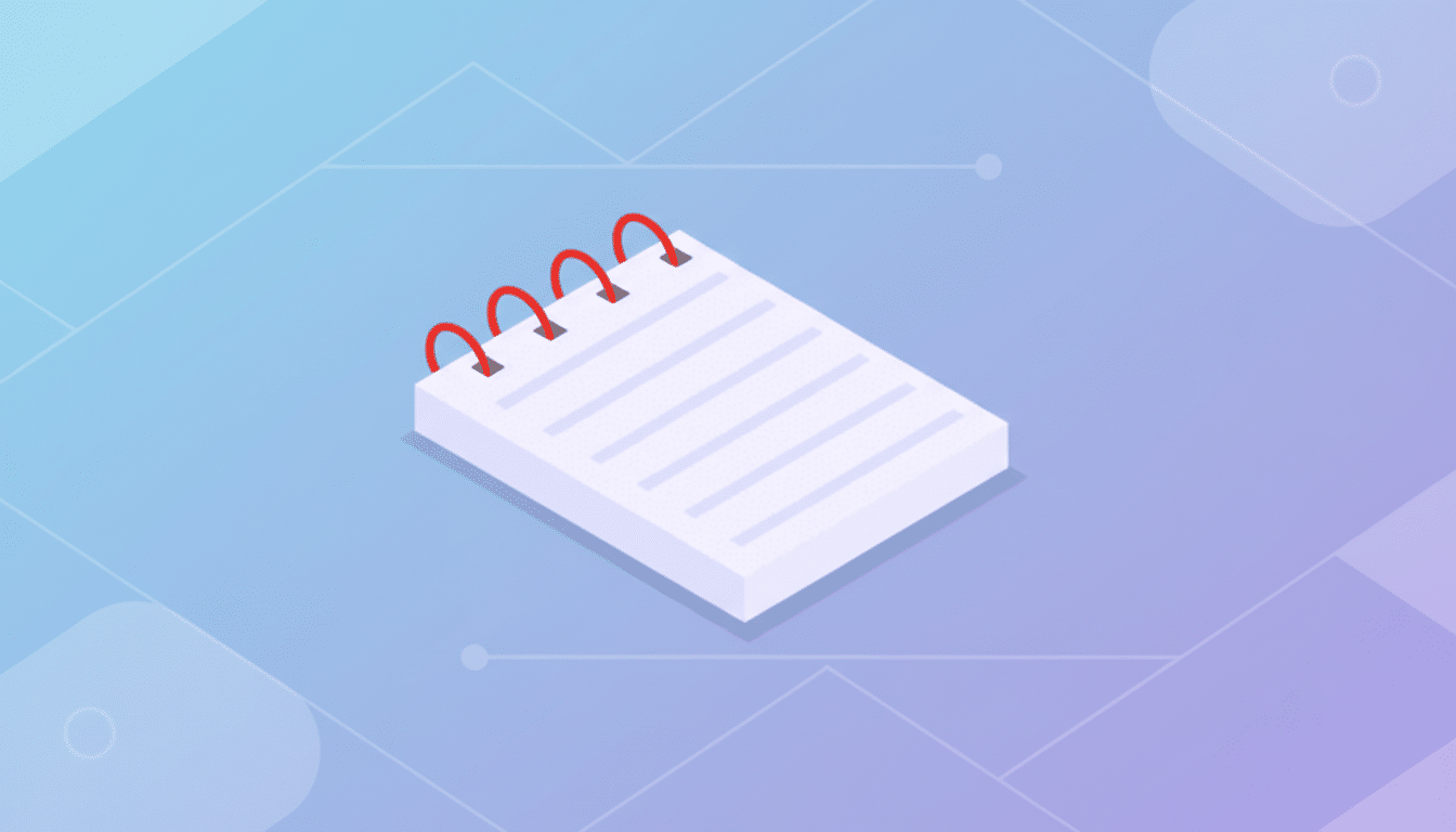 A white isometric notepad with red spiral binding and faint lines on the pages, set against a professional flat design background with soft blue and purple gradients and subtle geometric patterns.