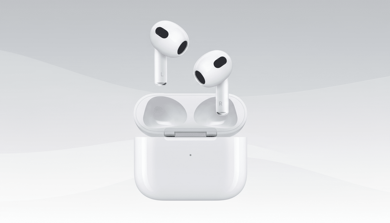 A pair of white Apple AirPods (3rd generation) with their charging case, presented on a professional flat design background with soft gray gradients and subtle wave patterns.