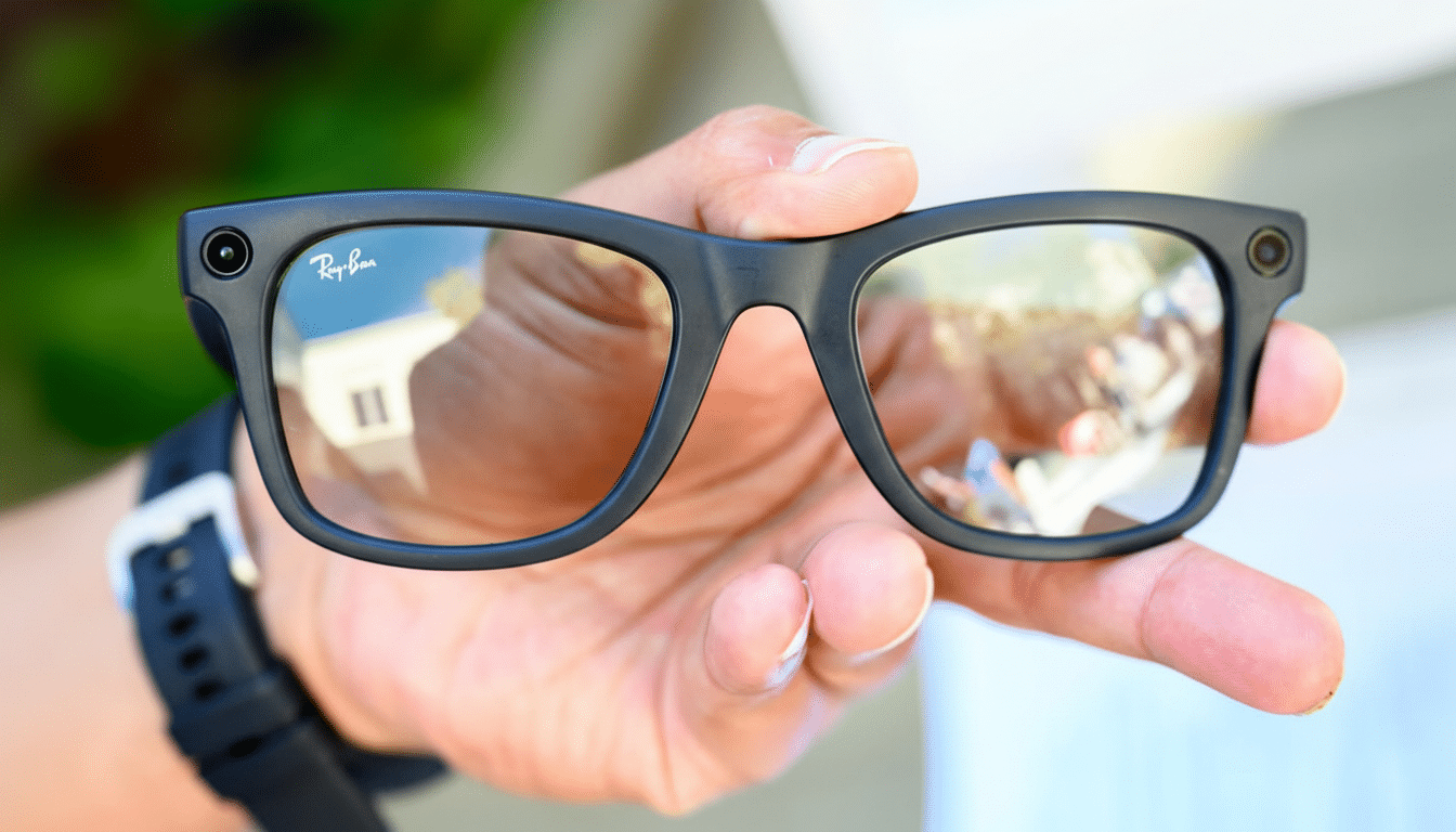 A hand holding a pair of black Ray-Ban smart glasses, resized to a 16:9 aspect ratio.