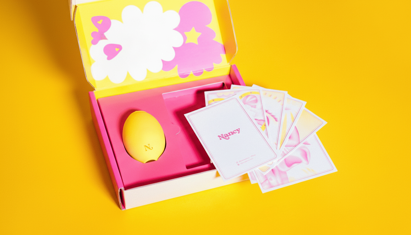 A yellow egg-shaped device with the letter N on it, nestled in a pink box alongside a stack of cards, all set against a vibrant yellow background.