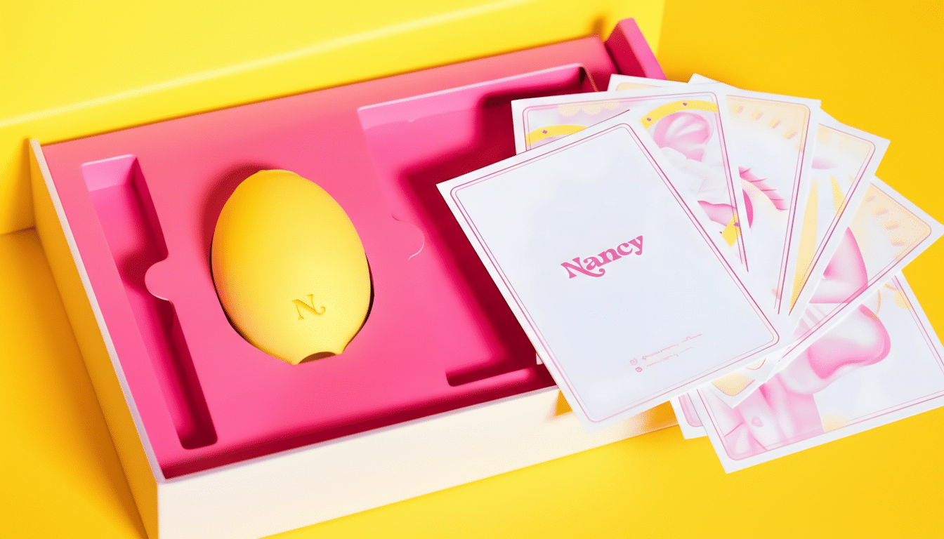 A yellow egg-shaped device with the letter N on it, nestled in a pink box alongside several white cards with Nancy printed on them, all set against a vibrant yellow background.