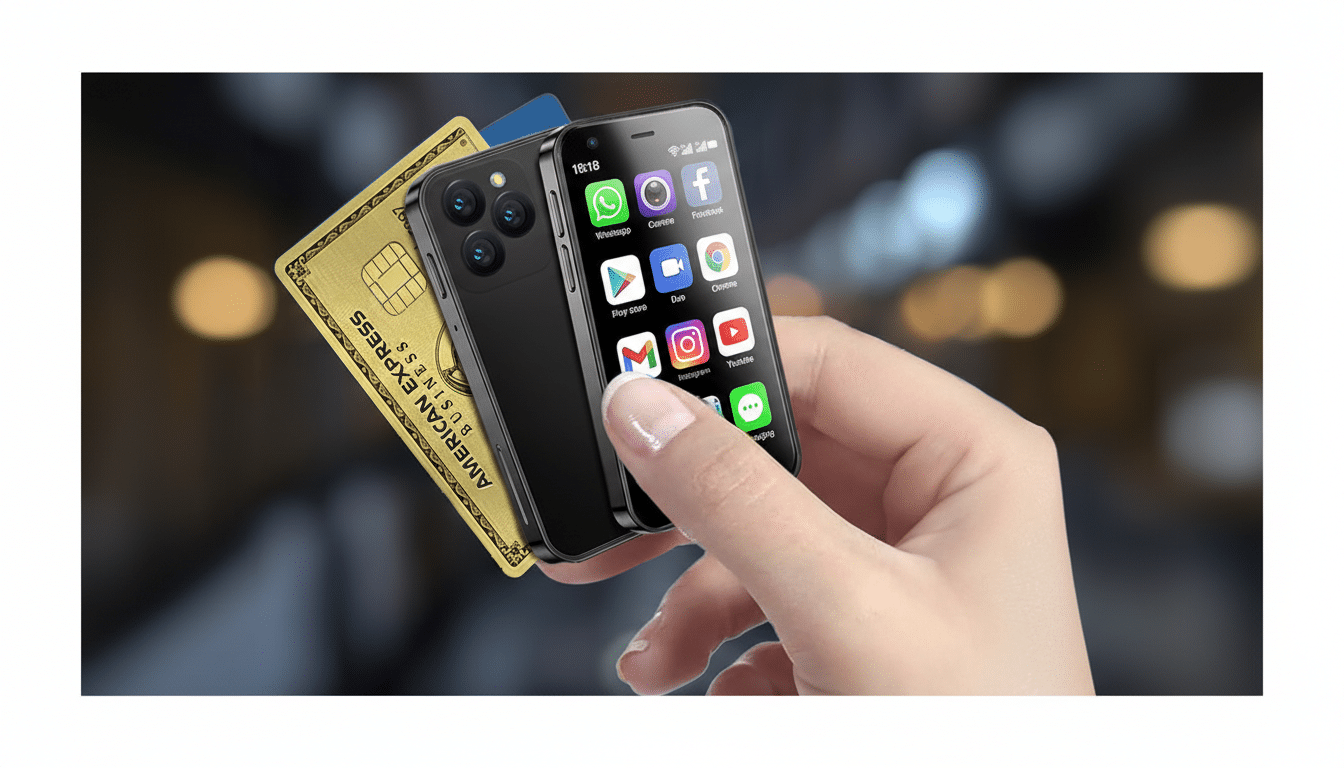 A hand holding a small black smartphone and an American Express credit card, resized to a 16:9 aspect ratio with the original background maintained.
