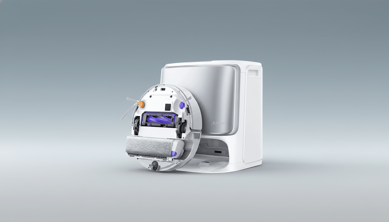 A white robotic vacuum cleaner with its underside exposed, showing brushes and a roller, positioned next to its charging and self-emptying dock. The background is a professional flat design with a soft gray gradient.