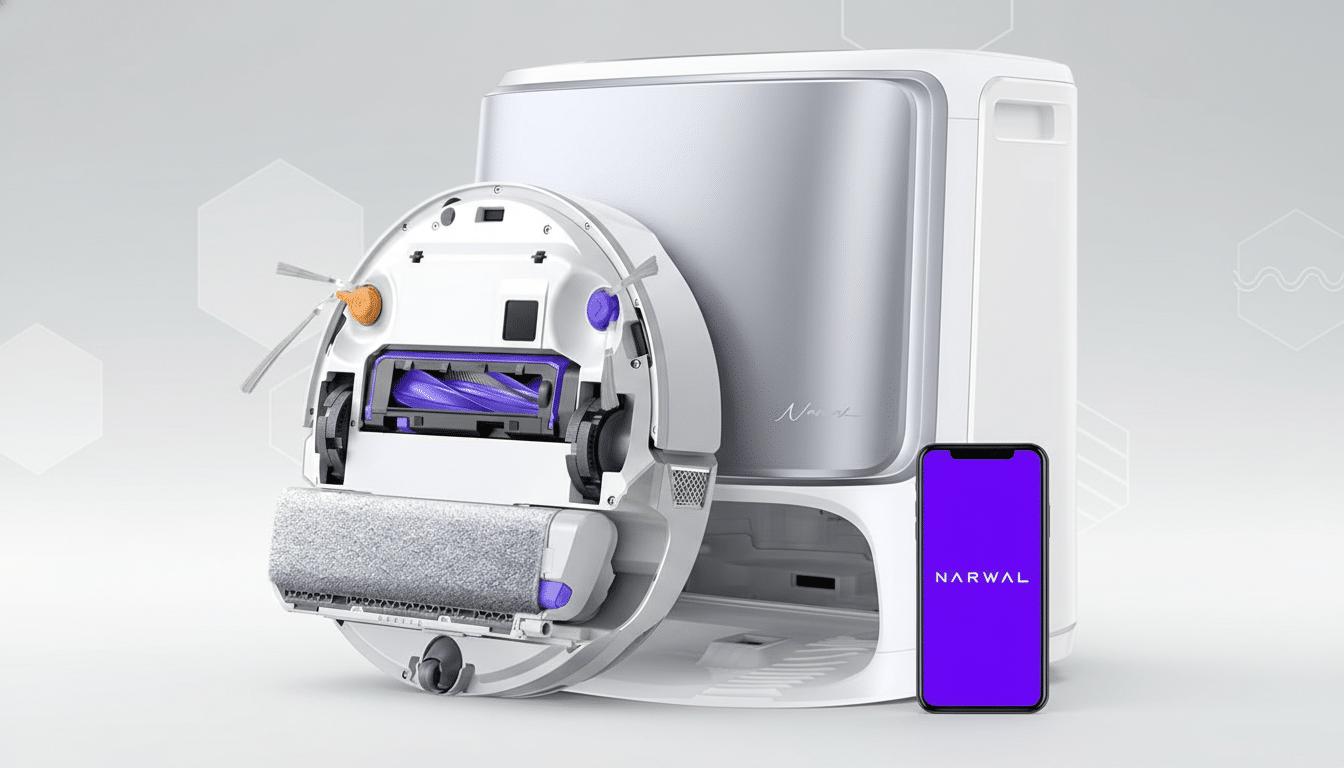 A Narwal robot vacuum and its base station are displayed alongside a smartphone showing the Narwal app, all set against a professional flat design background with soft patterns.