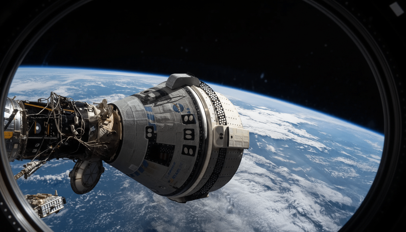 A Boeing Starliner spacecraft is seen from a window, with the Earth and its clouds visible in the background.