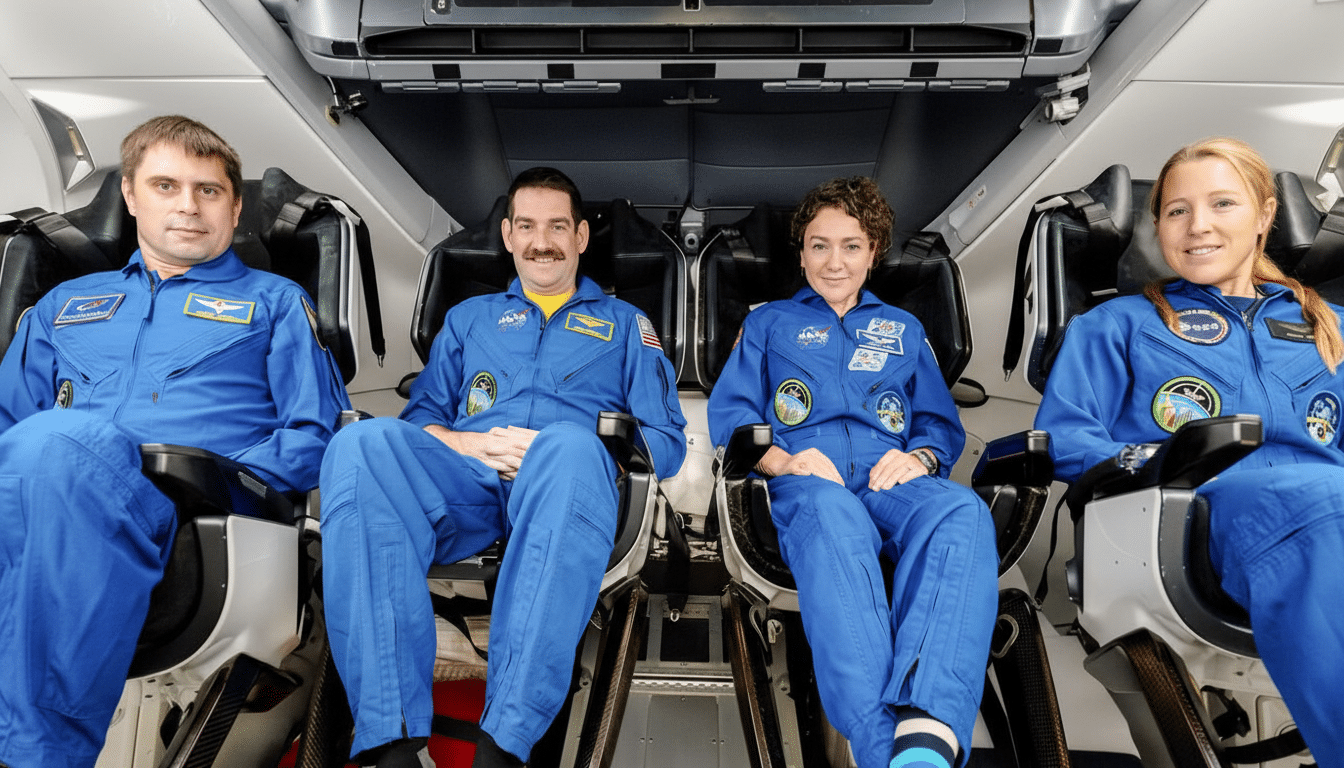 Four astronauts in blue flight suits are seated in a spacecraft, looking forward.