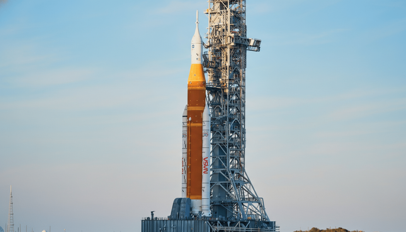 A large, orange and white rocket stands tall next to a launch tower against a clear blue sky.