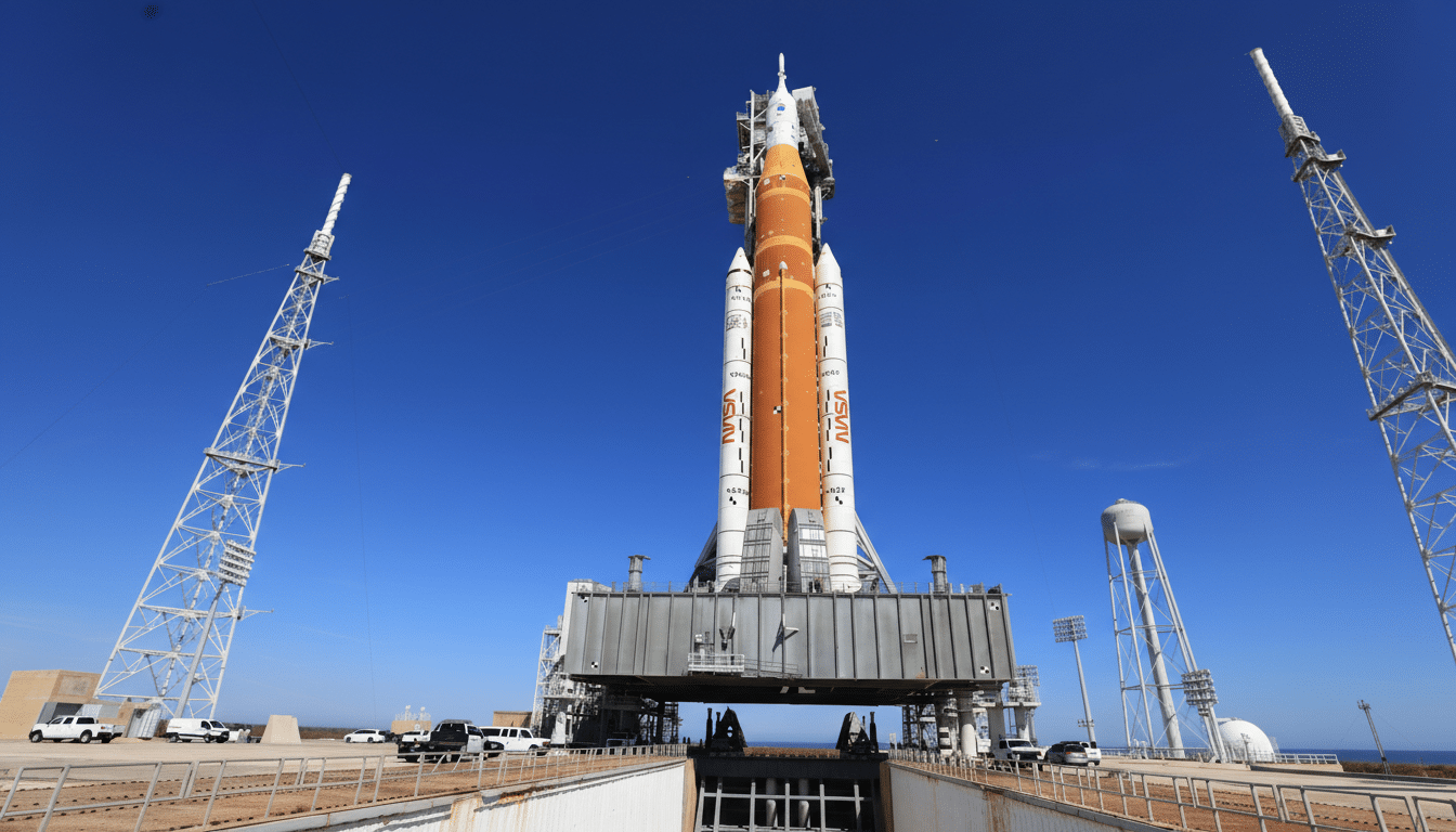 A large, orange and white rocket stands tall on a launchpad under a clear blue sky, flanked by two tall metal towers.