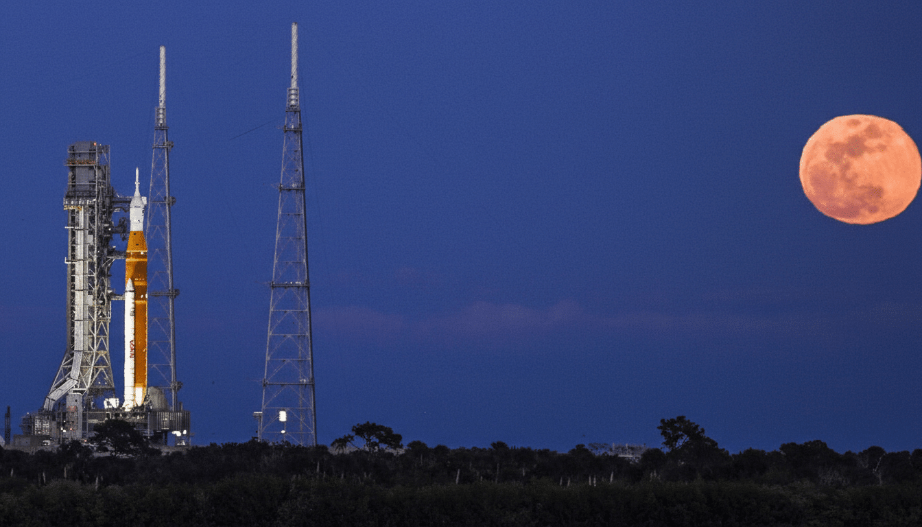A rocket on a launchpad with a large, orange full moon in the night sky.