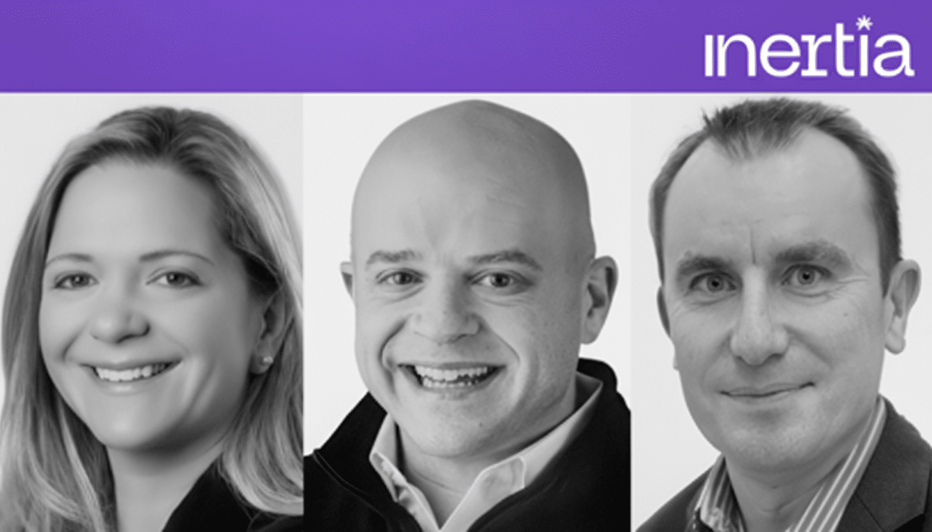 A professional image of three individuals, two men and one woman, in black and white, with the inertia logo on a purple background at the top.
