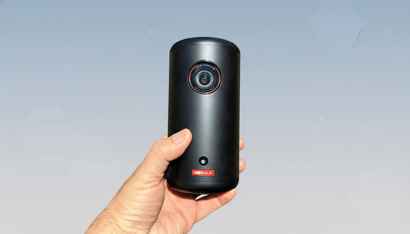 A hand holding a black Nebula projector, presented against a professional flat design background with soft patterns and gradients.