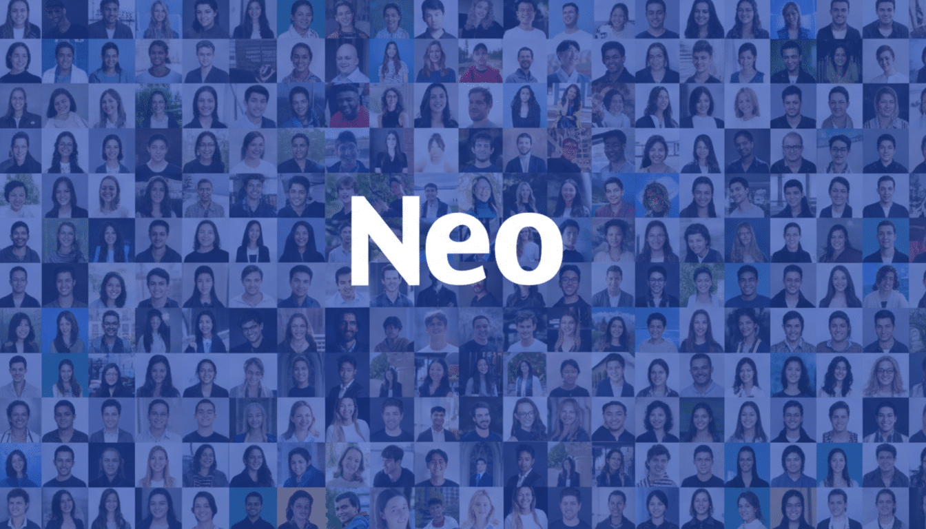 A collage of diverse faces in blue tones with the word Neo in white in the center.