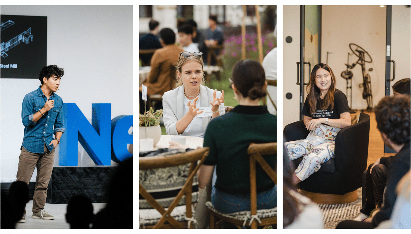A triptych of professional images. The left panel shows a young man speaking into a microphone on a stage with a large blue N behind him. The middle panel features a woman in a light blazer speaking animatedly to another person across a table outdoors. The right panel shows a young woman sitting in a chair, smiling and engaged in a conversation with a group of people.