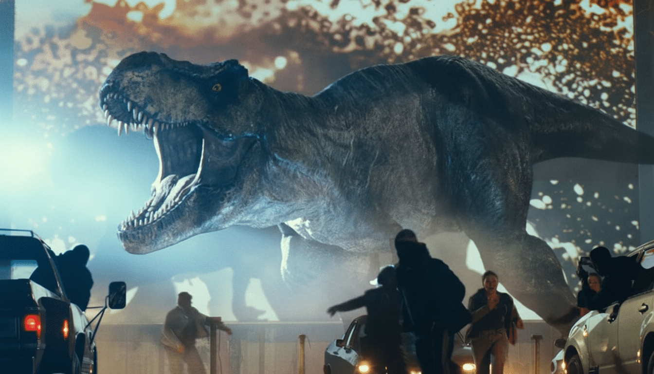 A large Tyrannosaurus Rex with its mouth open, roaring, stands in front of a bright, abstract background, with several people running and cars in the foreground.