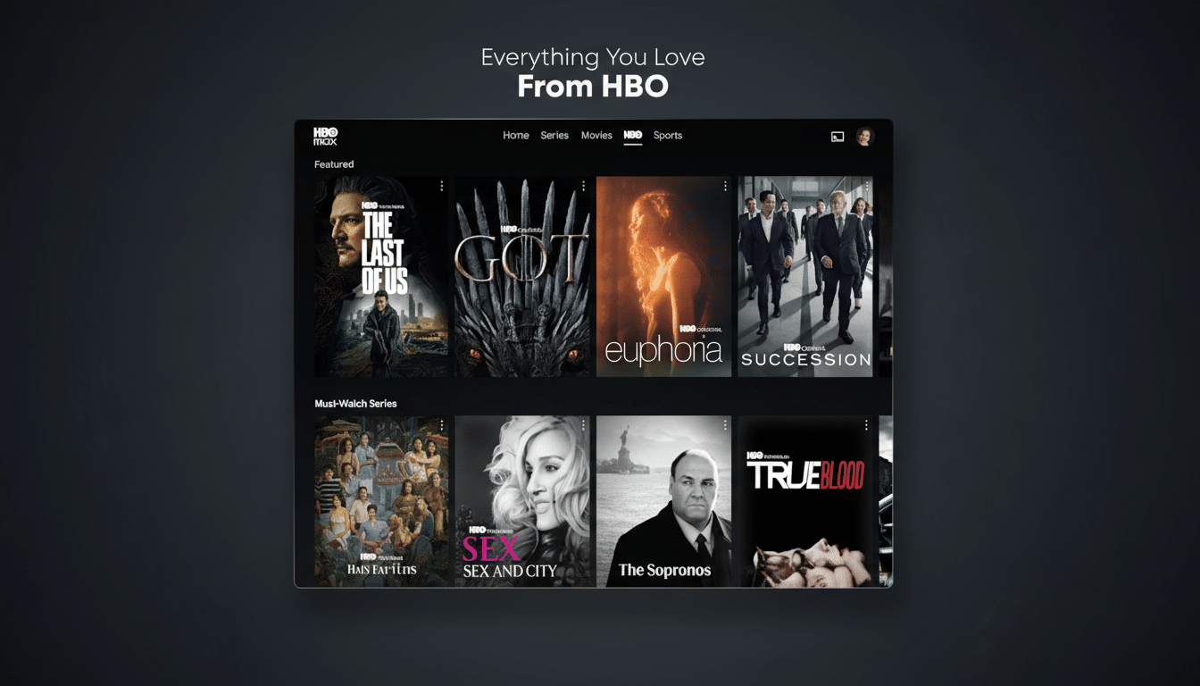 A professionally enhanced image of the HBO Max interface, resized to a 16:9 aspect ratio, showcasing various popular series and movies on a dark background with a subtle gradient.
