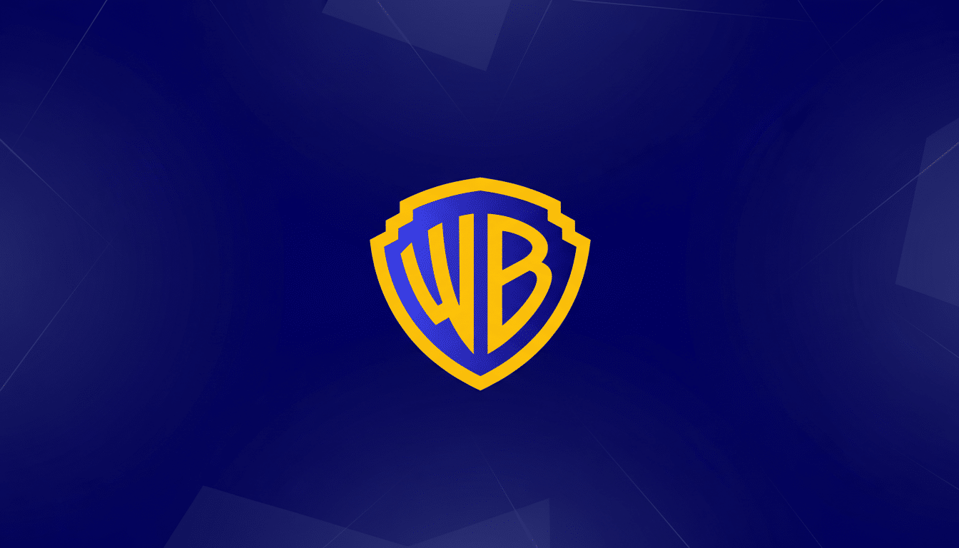 The Warner Bros. logo, a gold WB inside a gold-bordered blue shield, centered on a dark blue background with subtle geometric patterns.