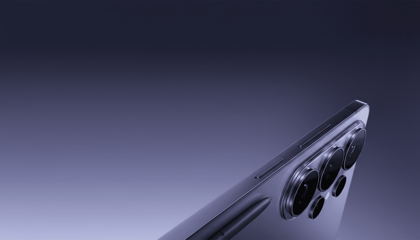 A professional image of a smartphone with a stylus, presented against a gradient background.