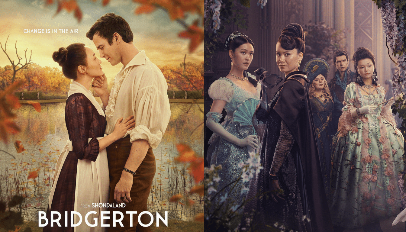 A split image featuring promotional posters for the Bridgerton series. The left side shows a couple embracing in an autumnal setting, with the text CHANGE IS IN THE AIR and FROM SHONDALAND BRIDGERTON. The right side displays a group of characters in elaborate period costumes, set against a backdrop of lush foliage and classical architecture.