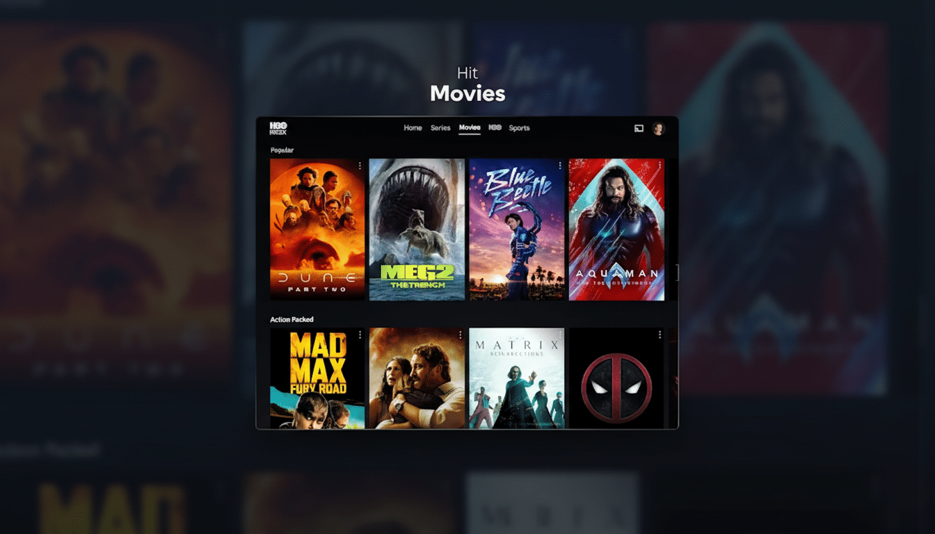 A screenshot of the HBO Max interface displaying a selection of Hit Movies in a 16:9 aspect ratio.